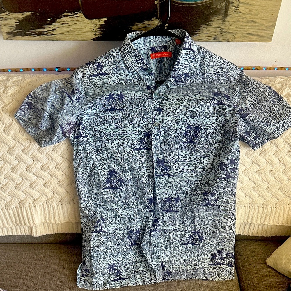 Tori Richard Navy and White Palm Tree Shirt